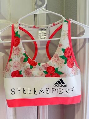 adidas STELLASPORT White Sports Bra with Pink-Coral Trim